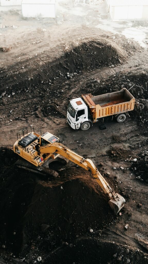 High-angle shot of construction machinery at work in Istanbul, Turkey.